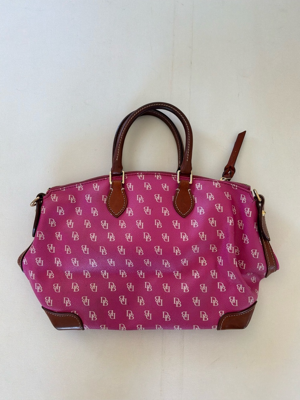 Dooney & Bourke Pink DB Monogram Satchel Top Handle Handbag Purse Leather Trim - Picture 2 of 14